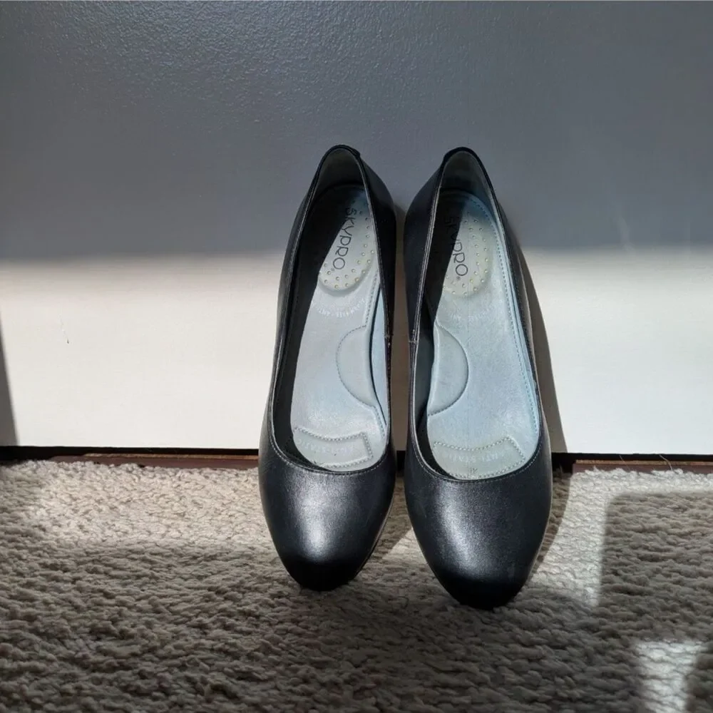 Sz 7.5 Skypro Rose Clement Black Leather Mid Heel Pumps - Picture 5 of 8